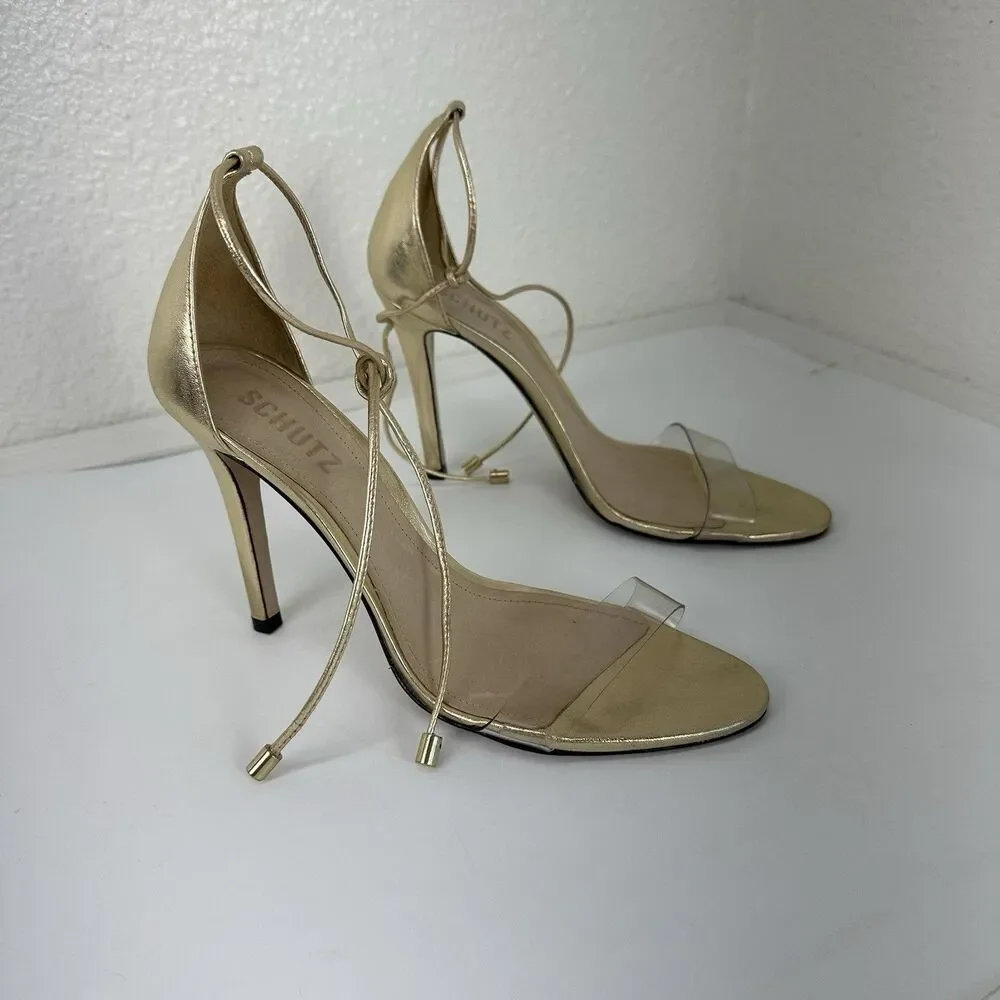 Schutz Josseana Sandal Transparent/ Metallic Gold Size 9N Event Sexy Money